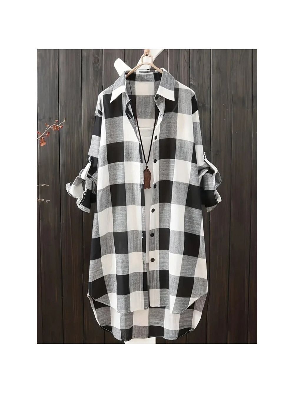 Women’s Black White Buffalo Plaid Long Shirt Tunic 3XL US 18 Roll Sleeve